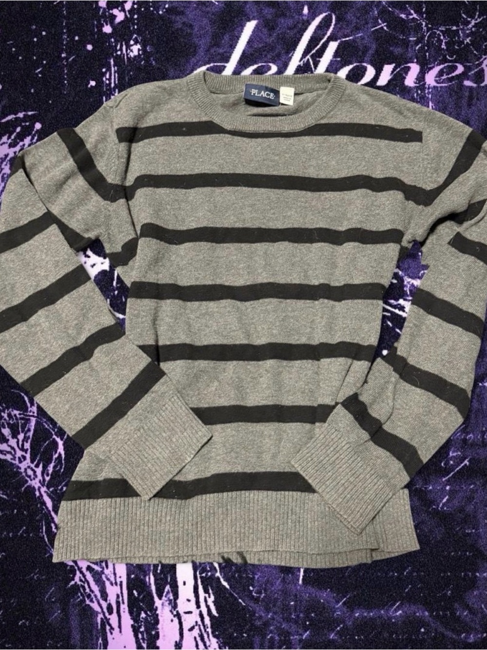 Place kids Gray and Black Striped Crewneck Sweater
